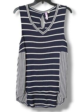 Alya Navy Blue and White Striped V-Neck Tank Top - Size Large